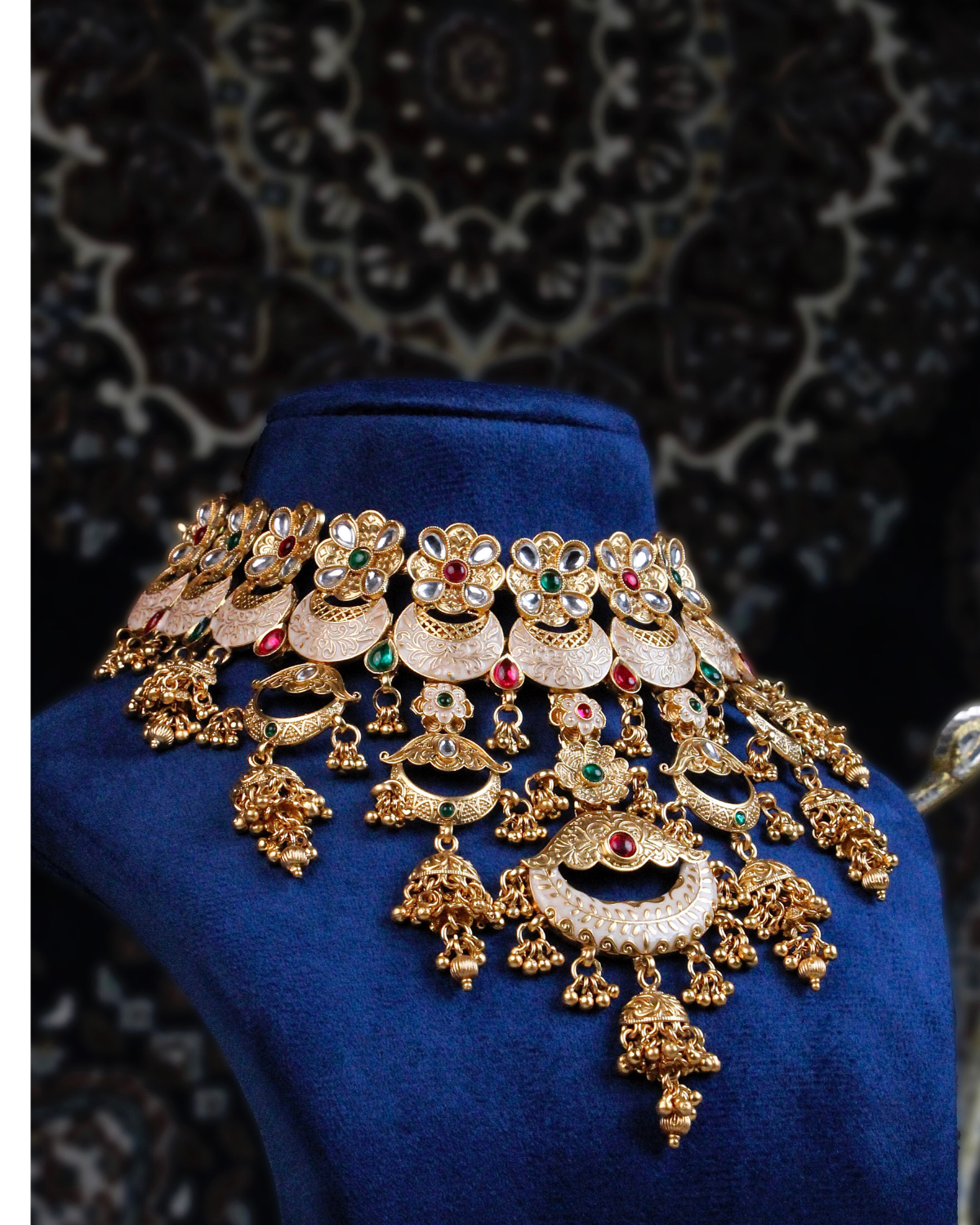 COKO 24K Gold-Plated Ruby Pink & Green Beaded with ghungroo Handcrafted Necklace Jewellery Set with Jhumka and Maang tika - Gold