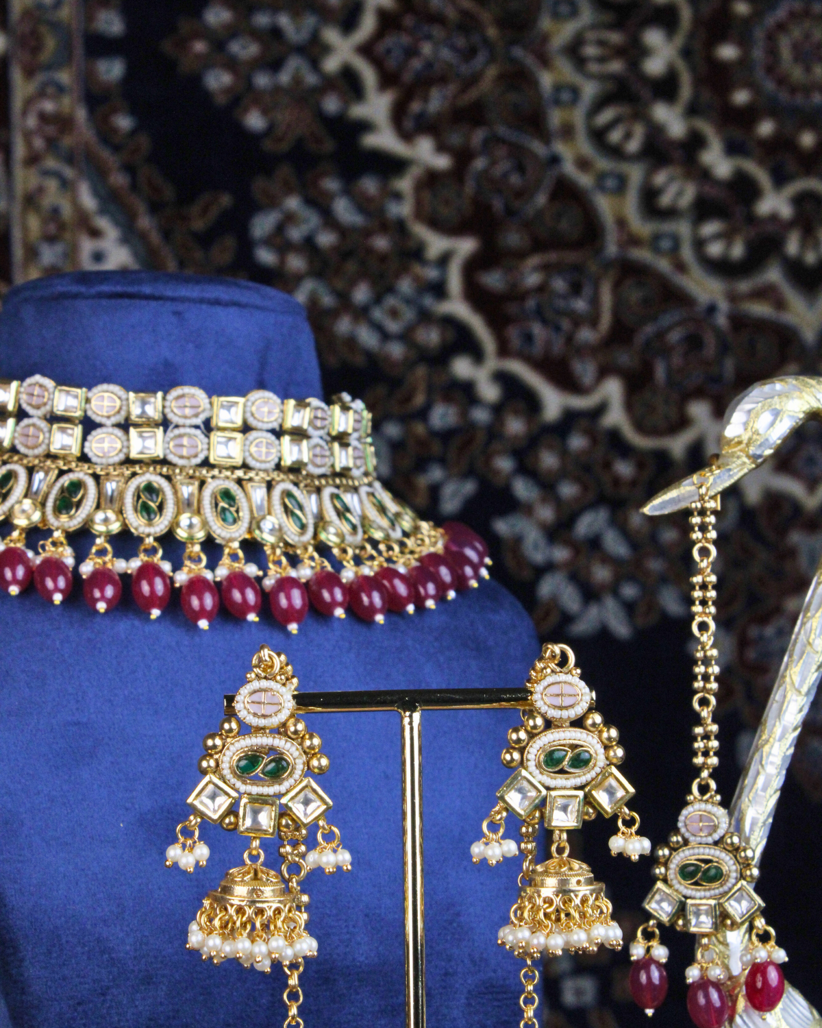 COKO 22K Gold-Plated Polki studded, with Ruby Pink drops and red Beaded Handcrafted Necklace Jewellery Set with Jhumka and Maang tika - Gold