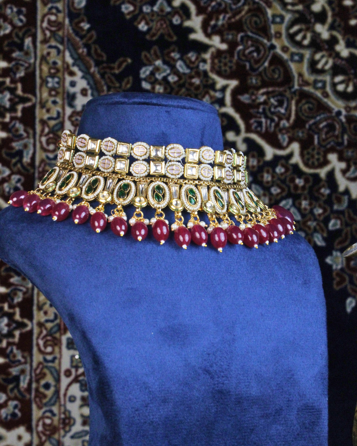 COKO 22K Gold-Plated Polki studded, with Ruby Pink drops and red Beaded Handcrafted Necklace Jewellery Set with Jhumka and Maang tika - Gold