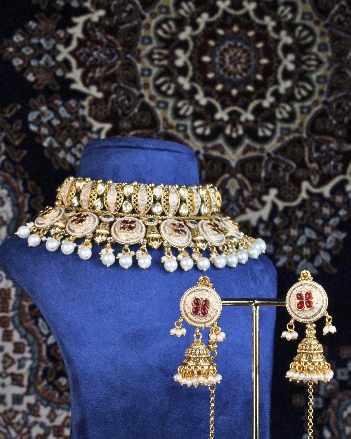 COKO 22K Gold-Plated Shell shaped Kundan studded, with White drops and Green Beaded Necklace Handcrafted Jewellery Set with Jhumka and Maang tika - Gold