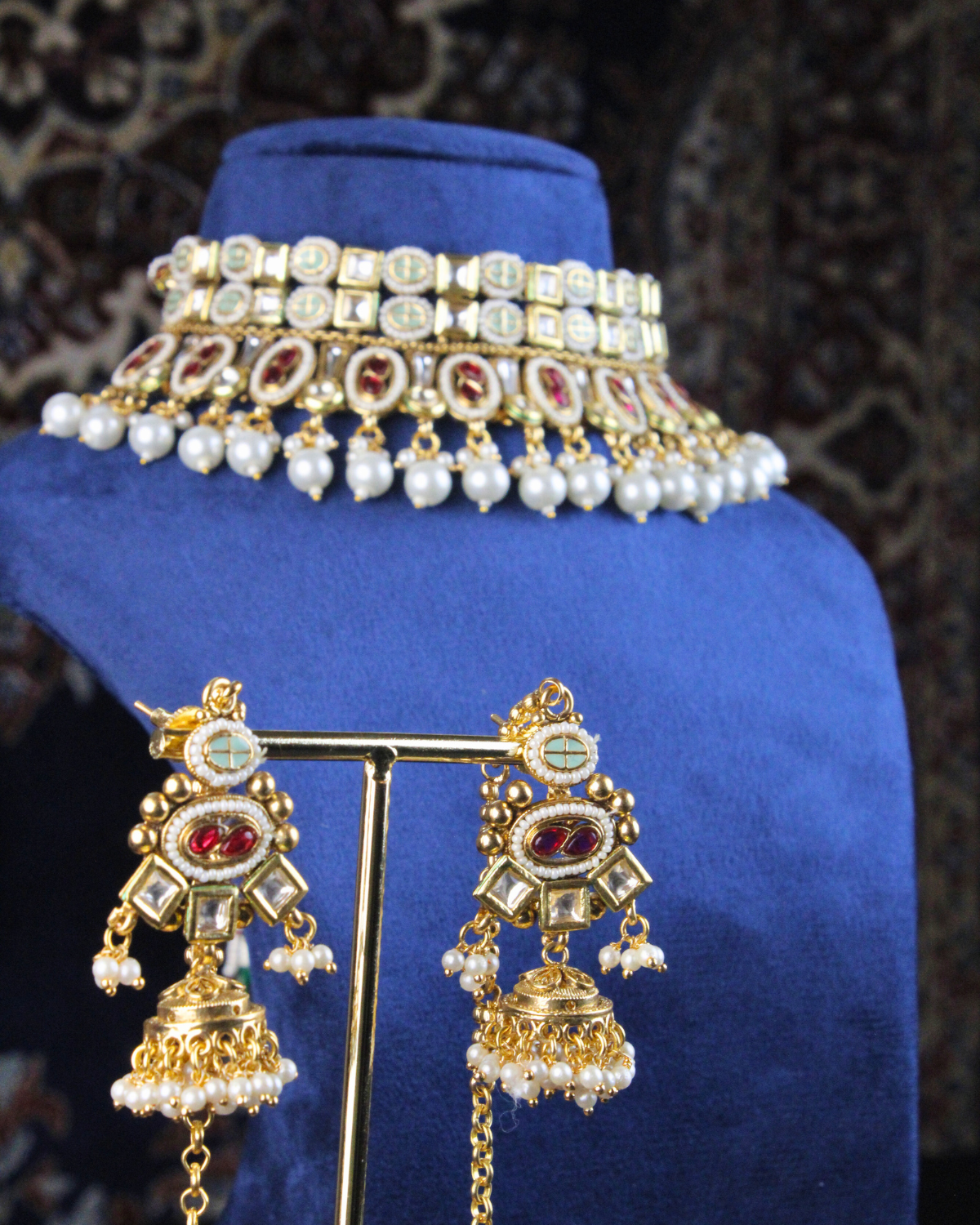 COKO 22K Gold-Plated Shell shaped Kundan studded, with White drops and Green Beaded Necklace Handcrafted Jewellery Set with Jhumka and Maang tika - Gold