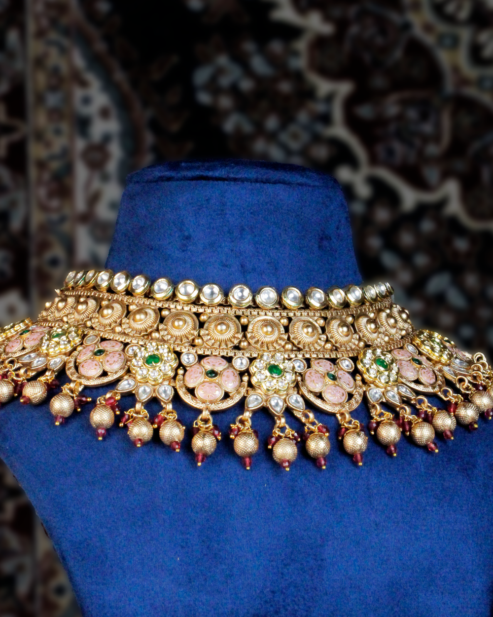 COKO 22K Gold-Plated Kundan studded, with Golden Ghungroo drops and Green Beaded Handcrafted Necklace Jewellery Set with Jhumka and Maang tika - Gold