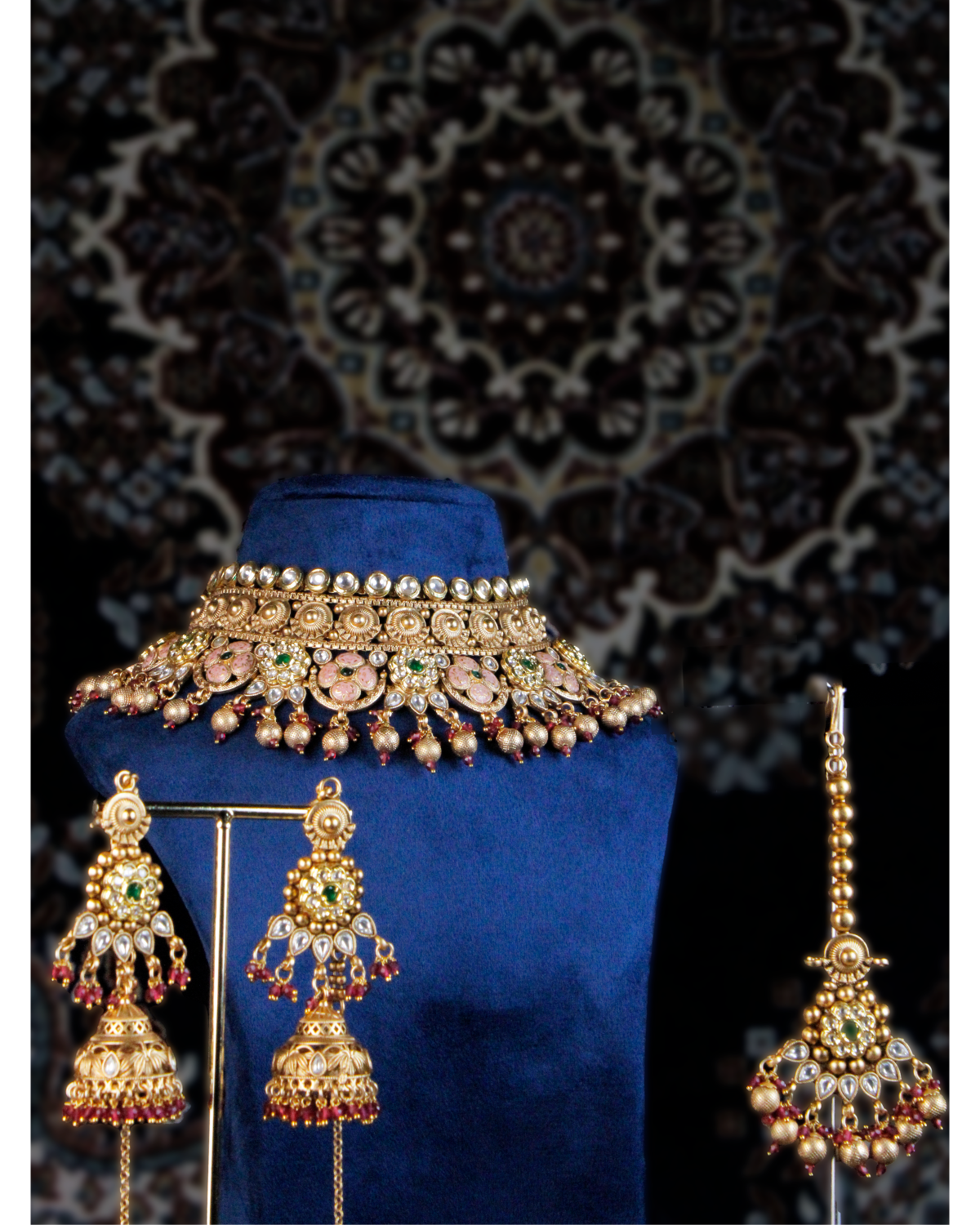 COKO 22K Gold-Plated Kundan studded, with Golden Ghungroo drops and Green Beaded Handcrafted Necklace Jewellery Set with Jhumka and Maang tika - Gold