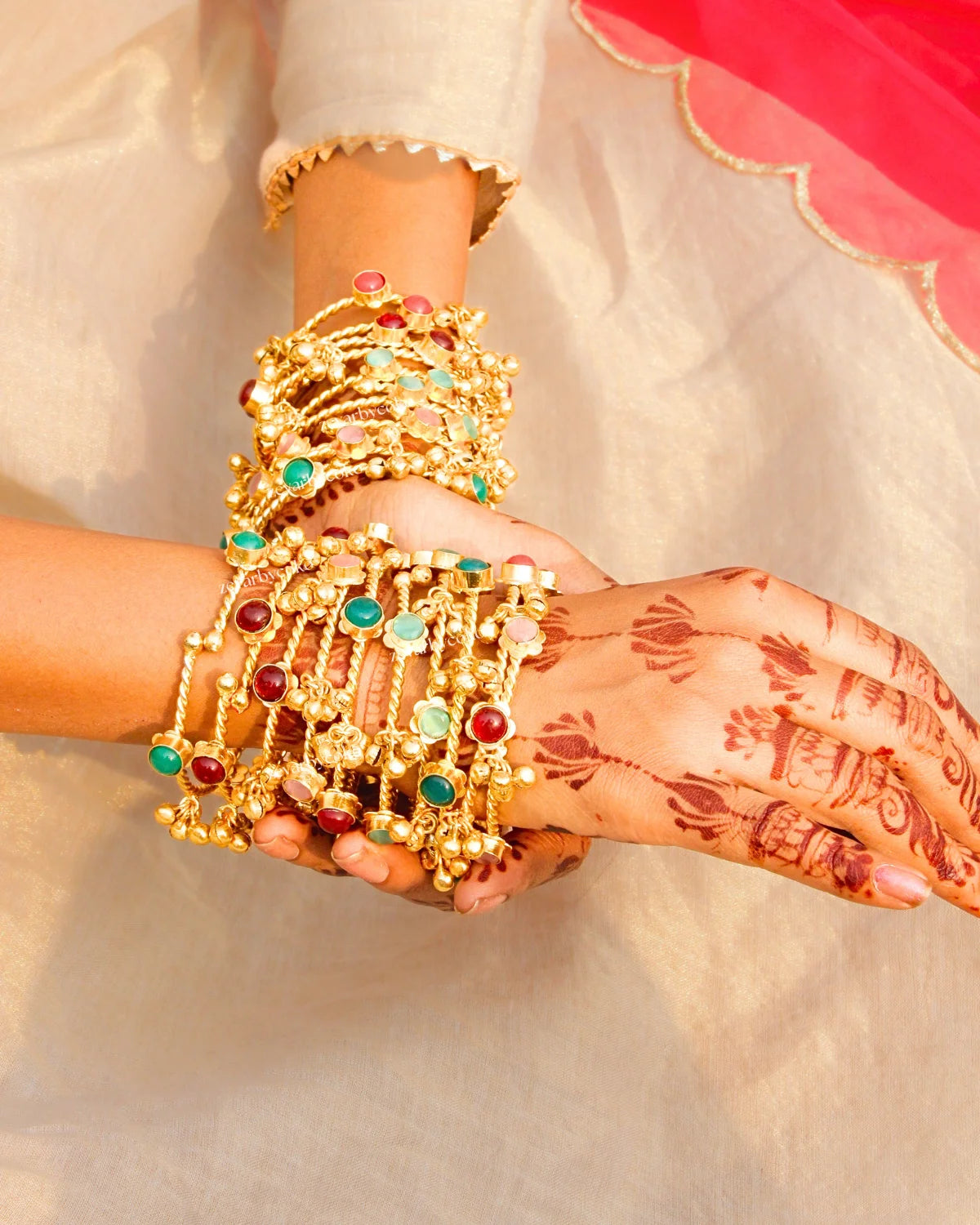 Kashmiri Ghungroo Bangles with semi precious multicolour stones Set of 2