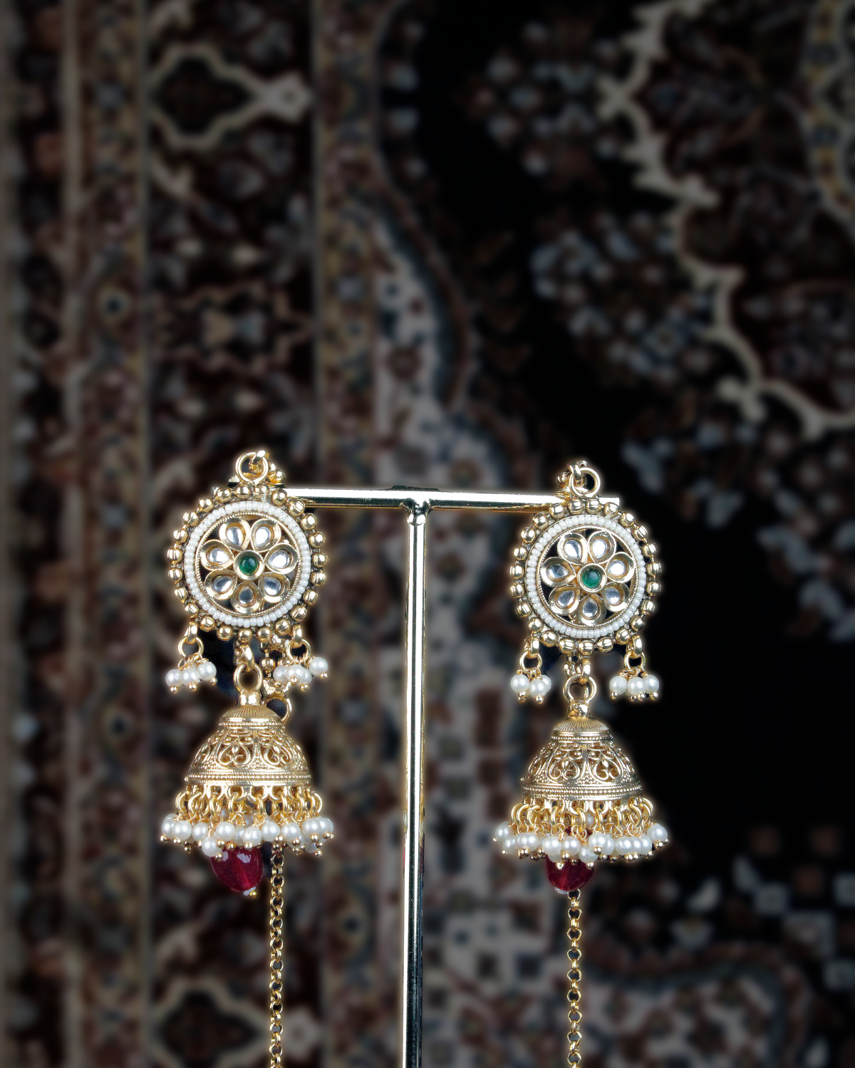 COKO 22K Gold-Plated Kundan studded, with Ruby Pink drops and Green Beaded Handcrafted Necklace Jewellery Set with Jhumka and Maang tika - Gold