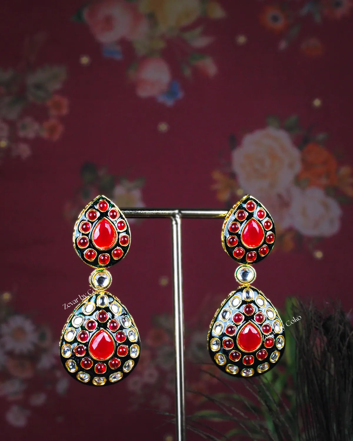 COKO's Royal Ruby Meenakari Teardrop Necklace  Set - Sitara