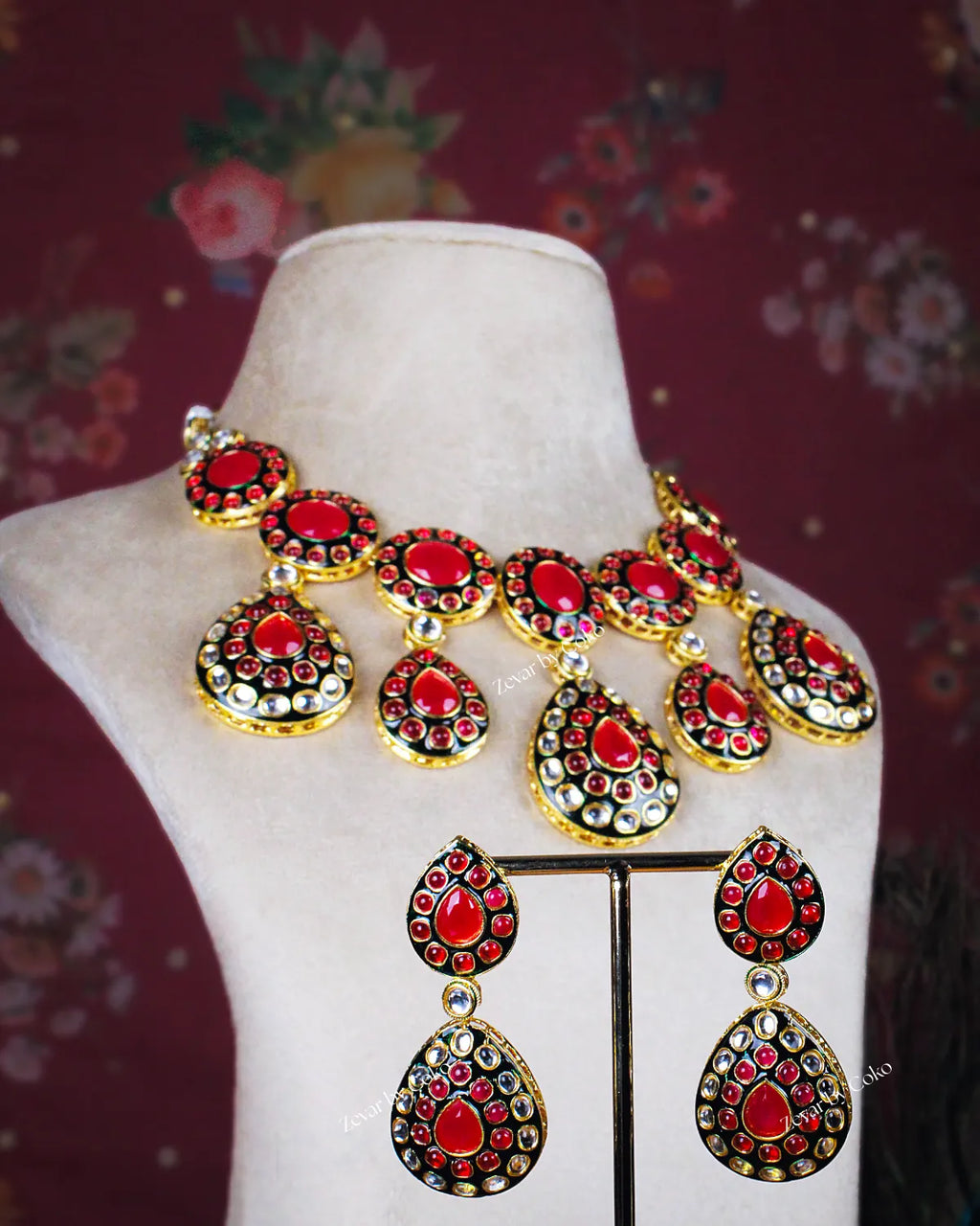 COKO's Royal Ruby Meenakari Teardrop Necklace  Set - Sitara