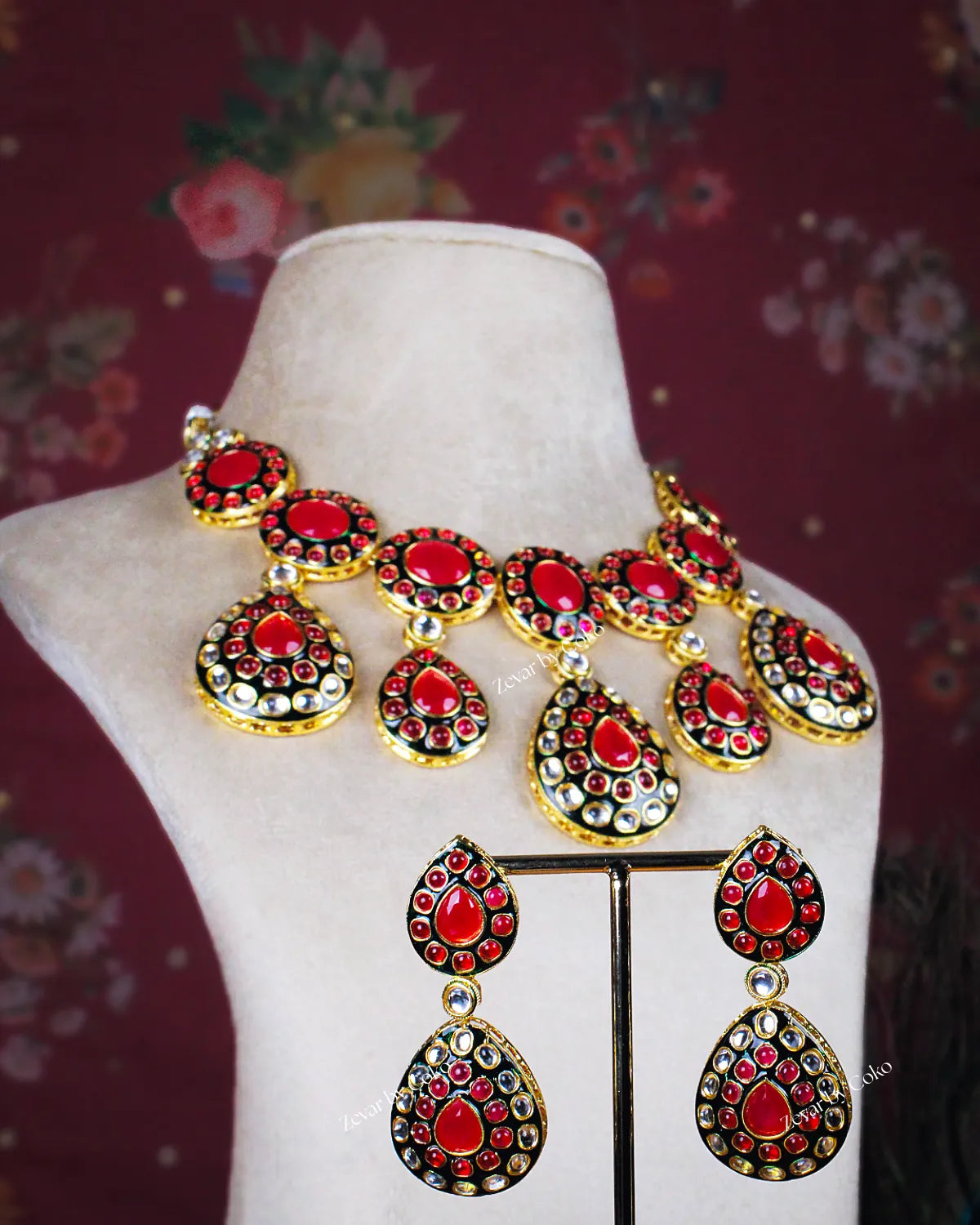 COKO's Royal Ruby Meenakari Teardrop Necklace  Set - Sitara