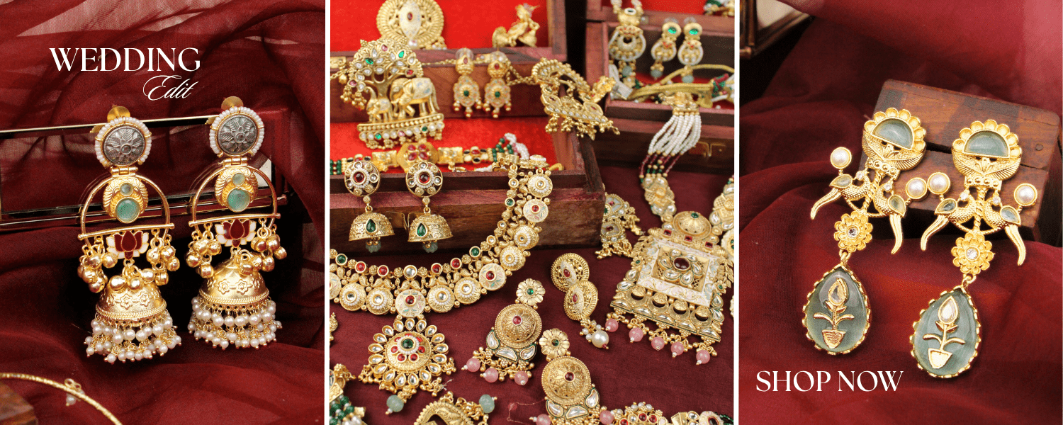 Gold and gemstone jewelry set on a red background with 'Wedding Edit' text.